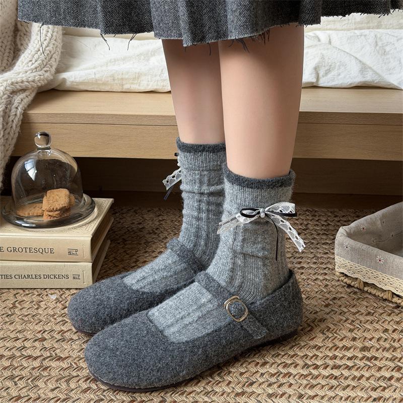 Grey Autumn and Winter Cartoon Dog Wool Thickened Women's Socks with Bow and Sweet Wind Tube Socks
