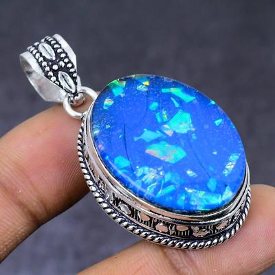 Natural Blue Triplet Opal Gemstone 925 Steling Silver Pendant 1.97" W2O94