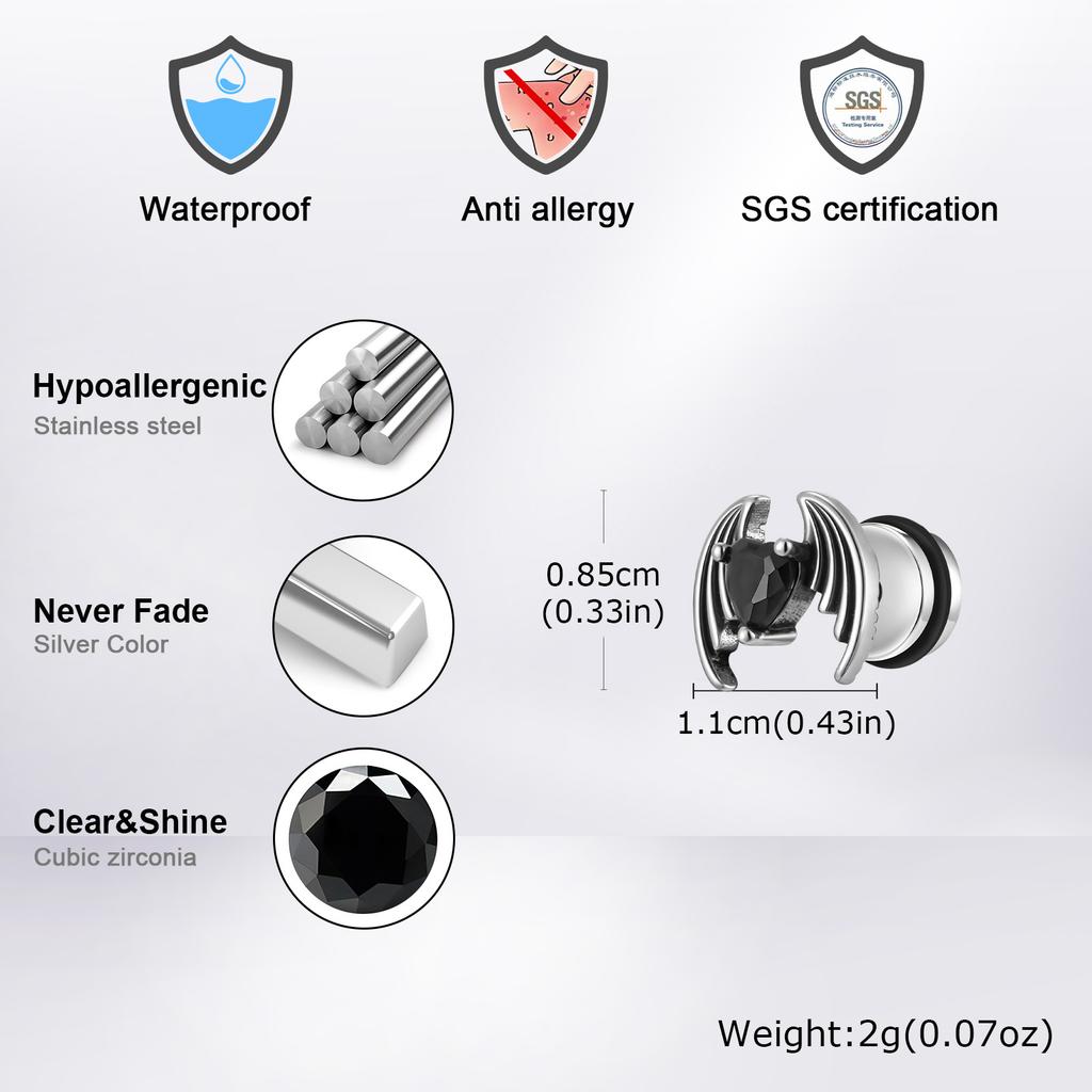 Vnox Heart-Shaped Zircon Stone Wing Earrings for Men Boys, Wing Shaped Screw Back Stud Earrings, Stainless Steel Jewelry Gifts