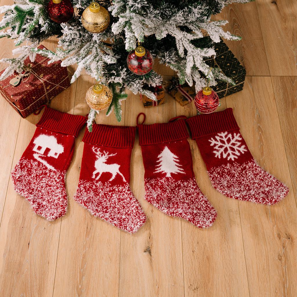 Beautiful Knitted Red Christmas Stockings With Festive Snowflakes For Gift Kids