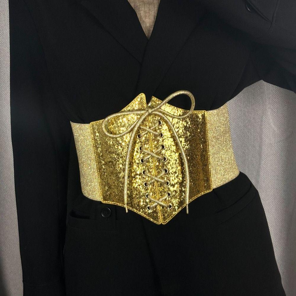 Elastic Gold Cummerbunds Shinny Blingbling Corset Belt Personality Leopard Print Waistband  Women