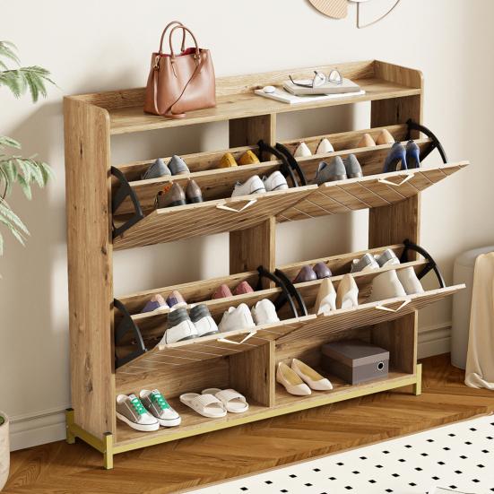 Modern Shoe Rack in Wood Look, 4-Door Shoe Cabinet, Space-Saving Shoe Cabinet for Entrance Areas, Hallways, or Corridors, Sturdy and