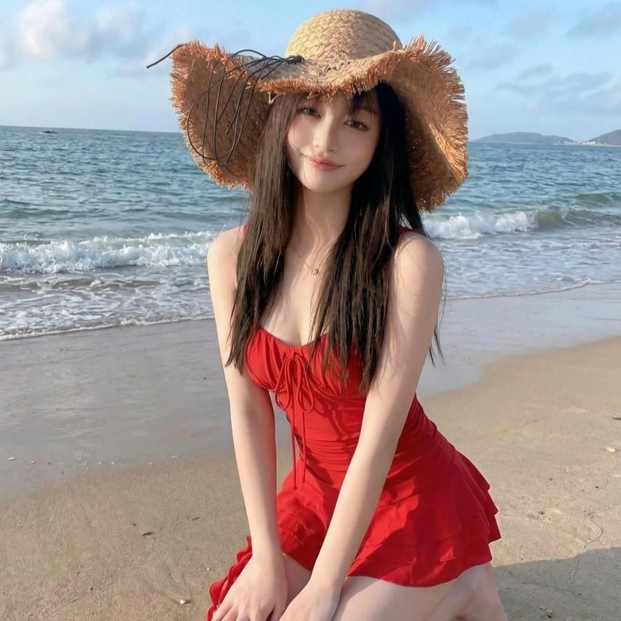 Bright Summer 1011 New Swimsuit Women's Summer White Seaside Vacation Small Red Dress Dress One-piece Swimsuit