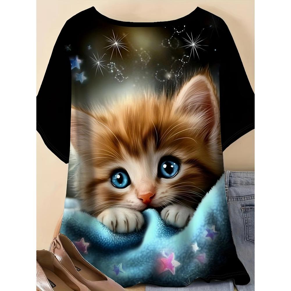 Plus Size Casual Crew Neck Short Sleeve Cat Animal Print T-Shirt - Soft Stretch Polyester Fabric Spring and Summer Womens Relaxed Fit Clothing