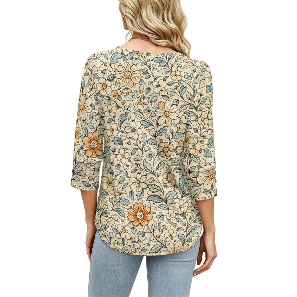 Women Casual Floral Print Loose Fit Round Neck Three Quarter Sleeve Blouse Lightweight Comfortable Top for Everyday Wear