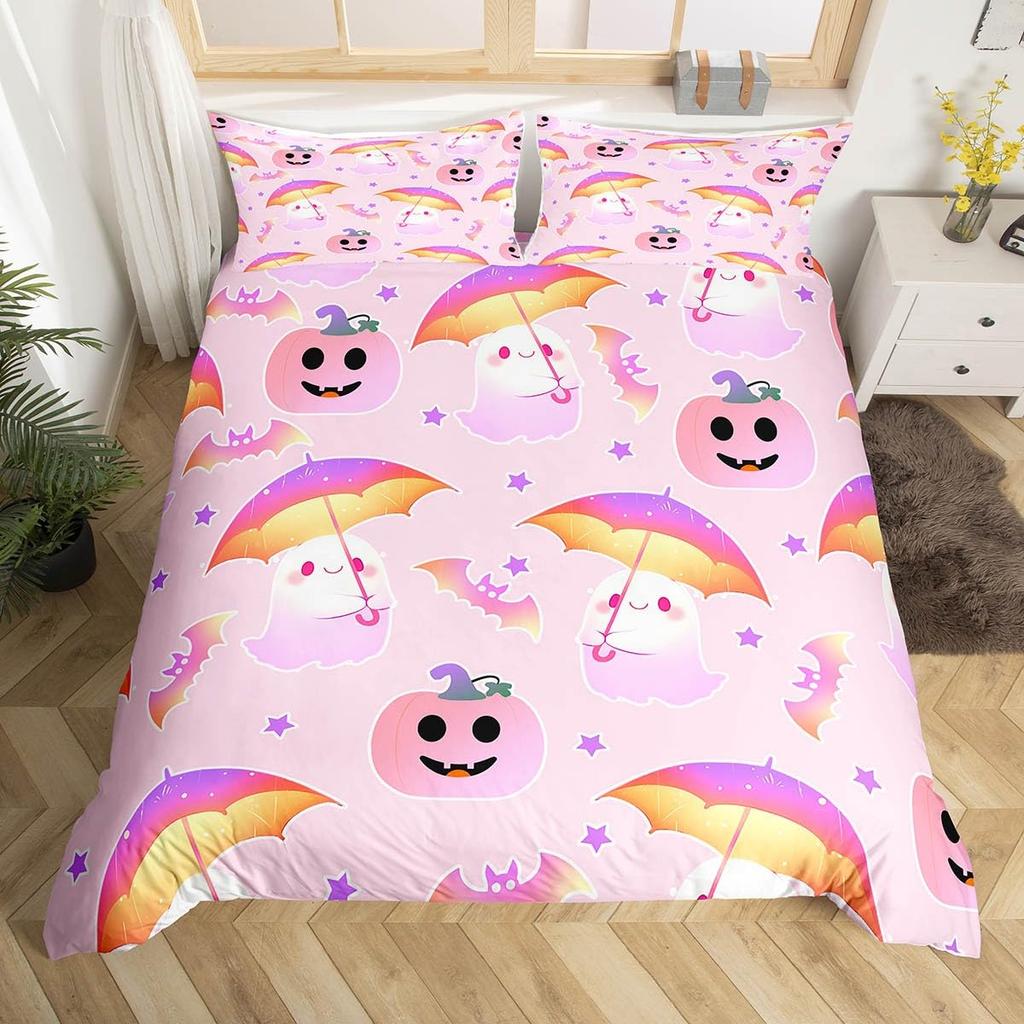 Cute Ghost Duvet Cover Twin King Halloween Bedding Set For Kids Girl Microfiber Horror Theme Comforter Cover With 2 Pillowcases