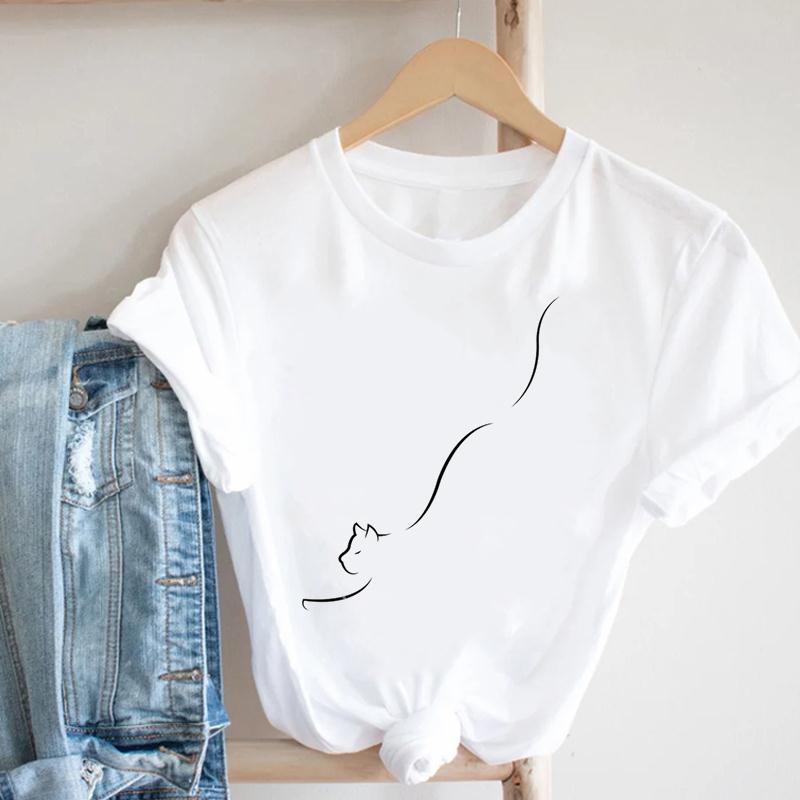 Summer Cat Women Short Sleeve Print Tee Top Love Cute Style Fashion T-shirt  Lady Female Clothing Casual Graphic T-shirt
