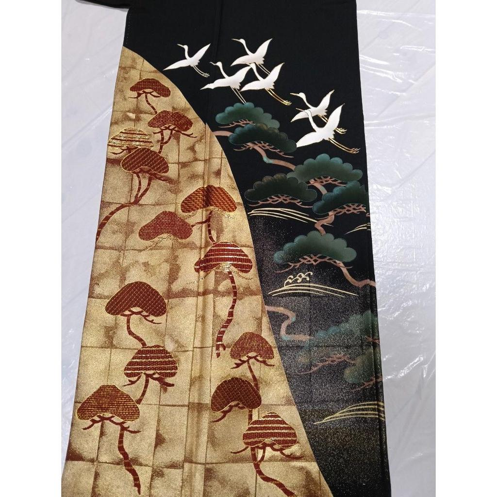 Used Black Tomesode, Pure Silk, Piece Embroidery, Flying Crane Hamamatsu Pattern, Five Crest Hiyori Tailoring, Fukuro Obi Pure Silk, Mitsukoshi