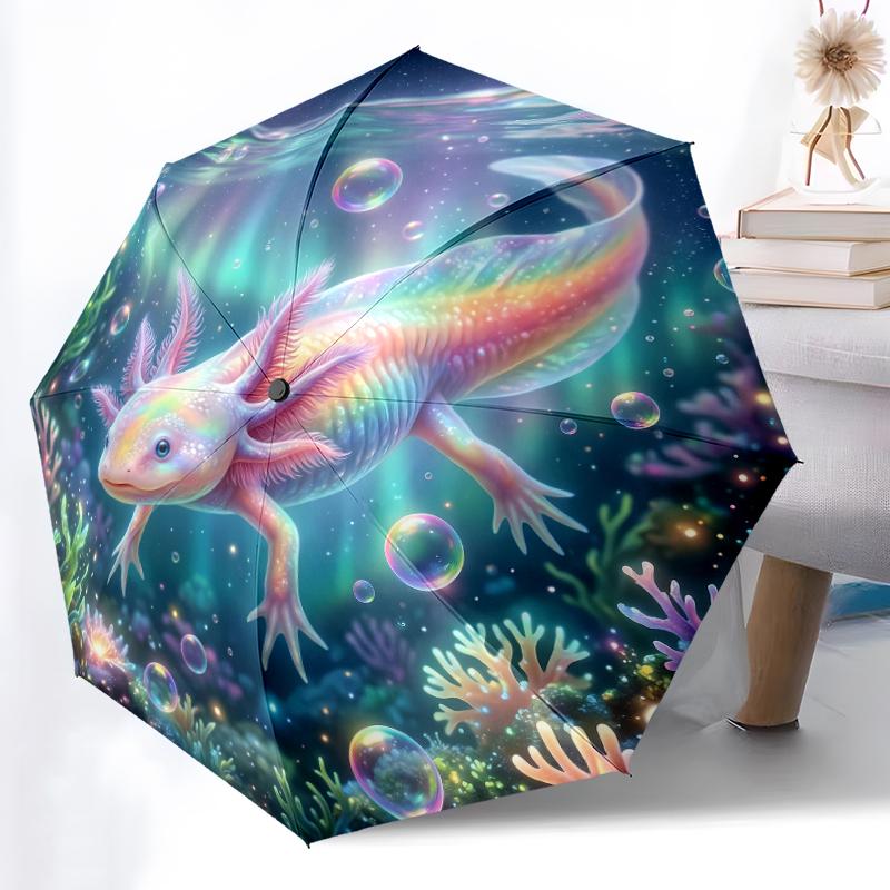 1pc Sturdy 8-Bone Auto Umbrella, Charming Axolotl Adorable Bloom Umbrella, Digital Printed, Foldable Umbrella for On-the-Go Outdoor Use