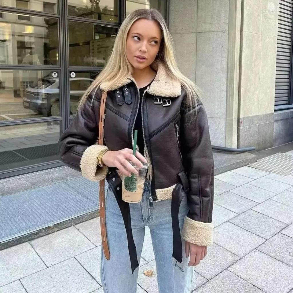 Zimowa damska Streetwear Faux Lamb Leather Fur Short Jacket z paskiem Moto Biker Gruby ciepły płaszcz z owczej skóry Outwe