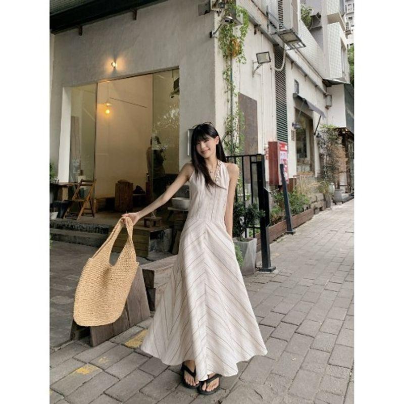 

Kumikumi Design Sense V-neck Stripe Vest One piece Dress Women clothing Summer Chic Age-Reducing Waist Hugging Slimming Long dress Shell Dress L