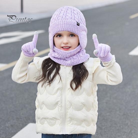 Girls Winter Warmth Set 3Pcs/Set Kids Hat Scarf Gloves Solid Color Twist Texture Fleece And Lining Earflap Touchscreen Neck Warmer Cold Weather