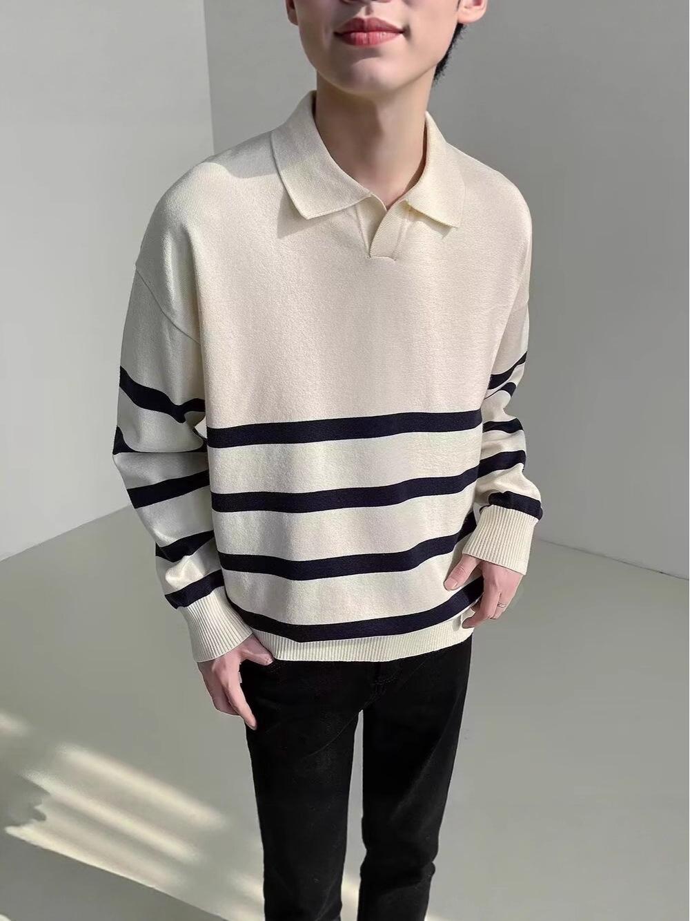 

Men s Korean Style Striped Knit Polo Sweater - Loose Fit, Autumn/Winter Casual Long Sleeve with Lapel. 3XL абрикосовий
