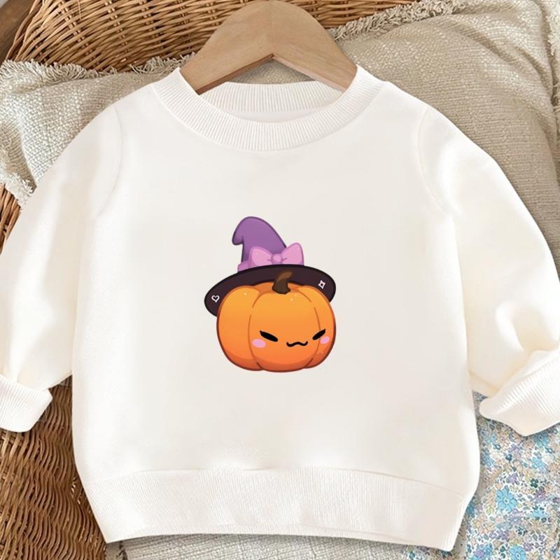 Kids Crewneck Long Sleeve Sweatshirt,Cartoon Pumpkin Wearing Wizard Hat Graphic Print