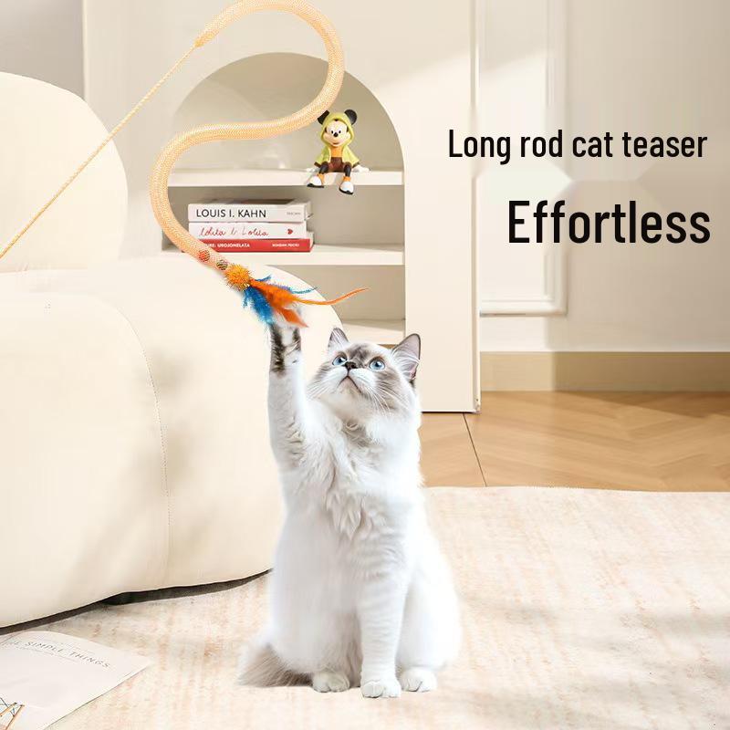 Durable Feather & Bell Cat Teaser with Long Handle: Elastic Mesh Tube for Self-Entertainment