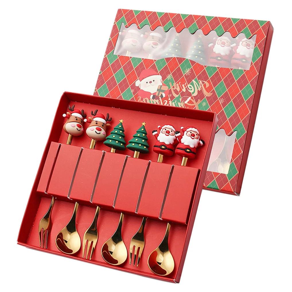 2/4/6PCS Christmas Gift Glod Spoon Fork Set Elk Christmas Cutlery Set Tree Decoration Dessert Scoop Fruit Fork Coffee Spoon