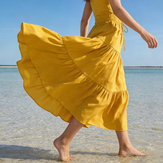 Damen Sommer Stufen A-Linie Maxirock Hoher Bund Plissiert Schwingend Langer Rock Freizeit Fließend Strand Boho Rock