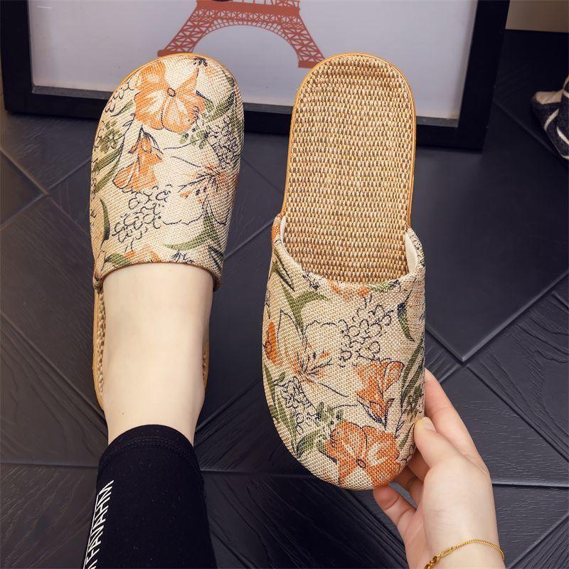 Four Seasons National Style Flax Cool Slippers Couples Breathable Home Use Flat Soft Sole Men's and Women's Confinement Baotou  Confinement Shoes