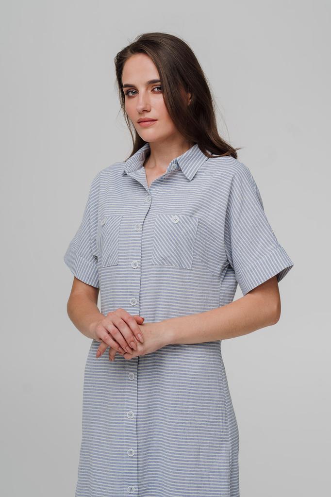 Платье-рубашка в полоску со льна и коротким рукавом