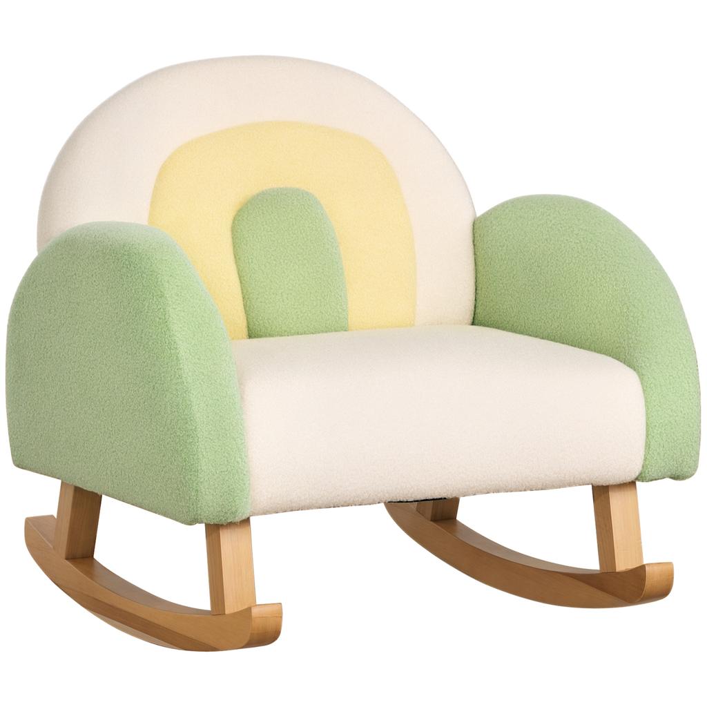 Rocking Chair for Toddlers, Cute Design, Faux Sheepskin, Eucalyptus Wood, Green + Yellow Beige