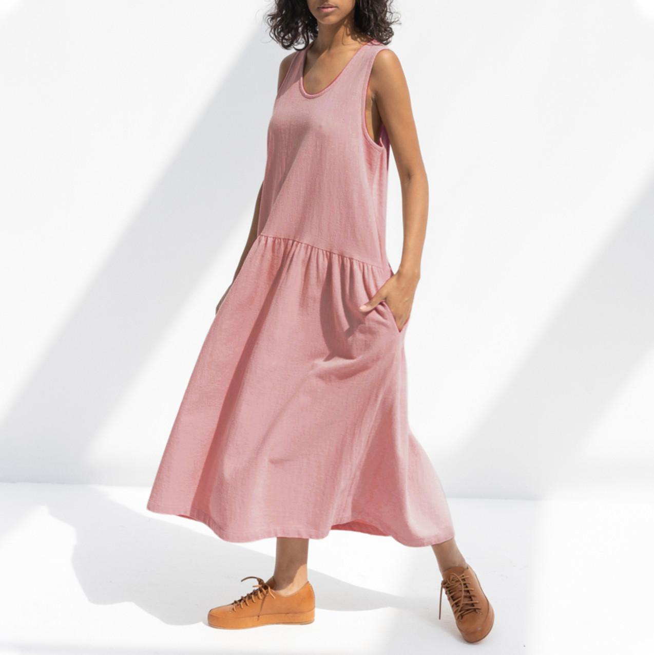 

Women s Fashion Casual Colour Sleeveless V-Neck Cotton Linen Pocket Dress XXXL рожевий