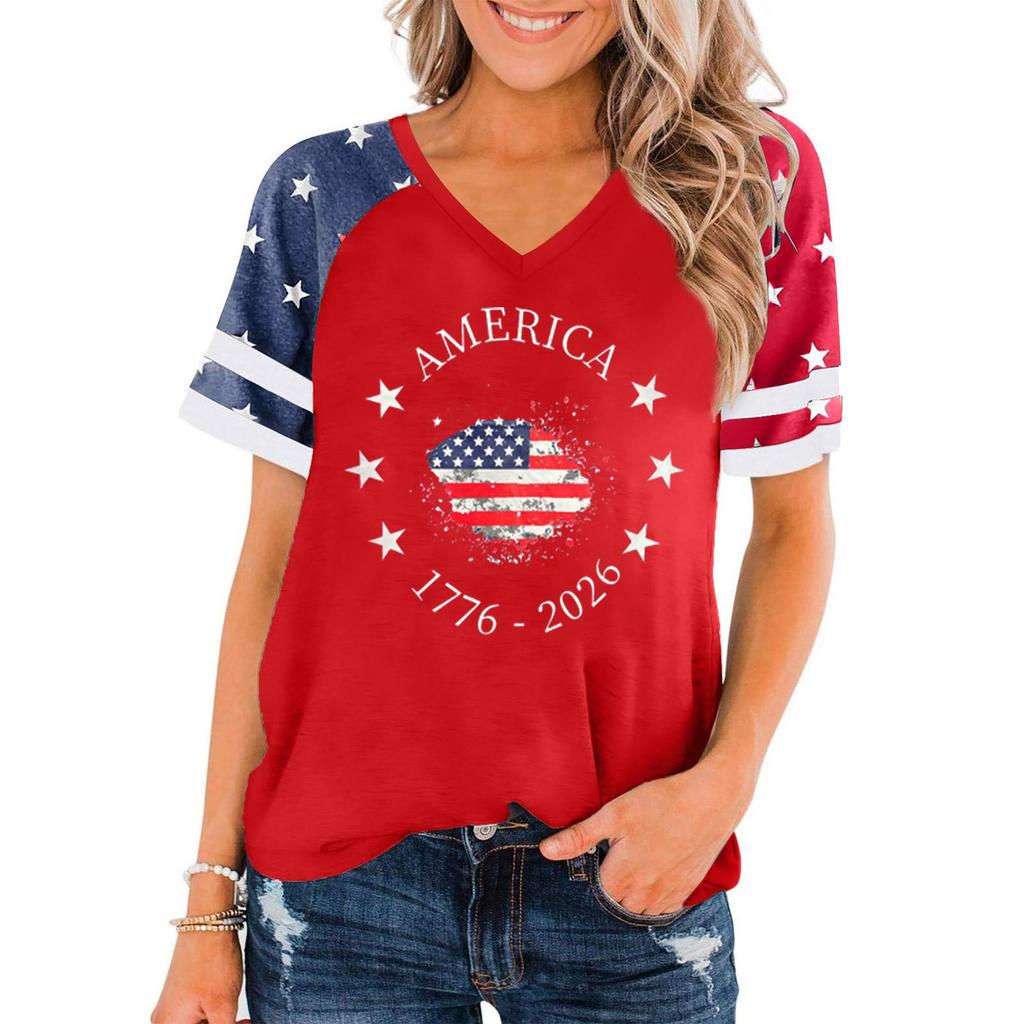 Women Casual V Neck Short Sleeve Pullover T Shirt Independence Day Graphic Print Top Loose Fit Comfortable Summer Tee