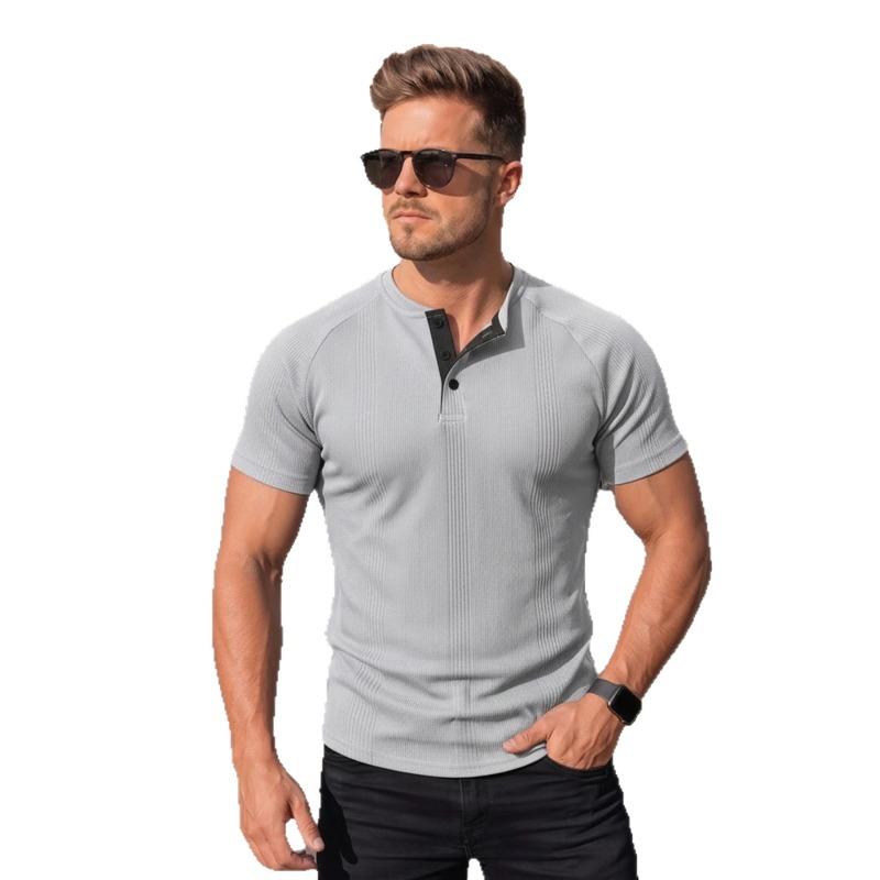 Mens Casual Waffle Knit Henley Short Sleeve T-Shirt S серый