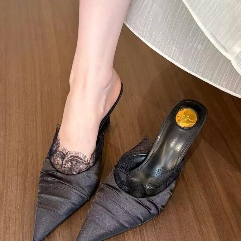 Fashion Spring New Baotou Slippers Women Fashion Pointy Folds Lace Shallow Mouth Slip-on Anti-slip Wear-resistant High Heels