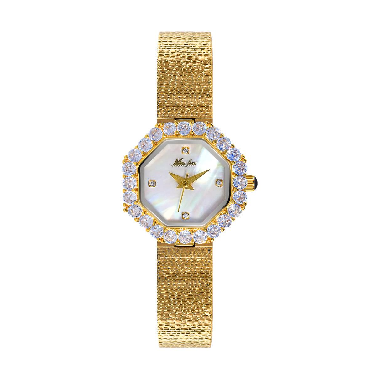 Missfox Women S Watch, Stylish And Beautifully Textured Strap, Polygonal Dial Inlaid With Zircon Women S Quartz Watch золотой