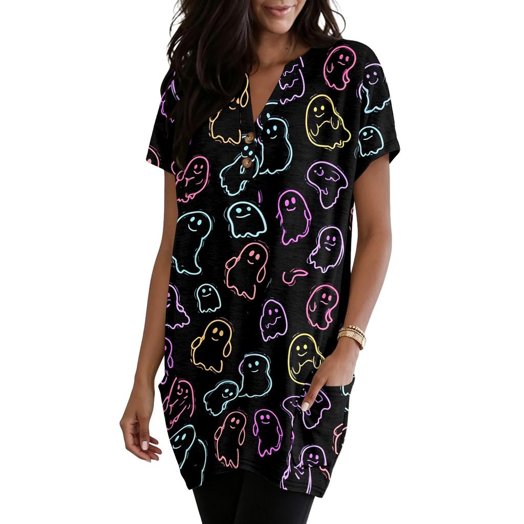 Women's Halloween V-Neck Short Sleeve T-Shirt with Pocket, Pullover Top, Printed Graphic Tee