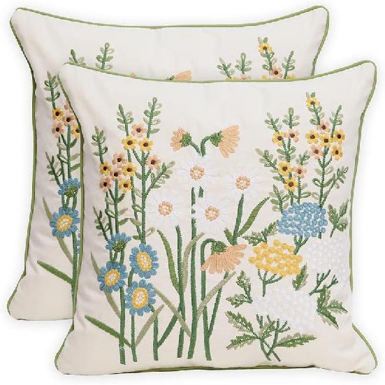 Set of 2 Embroidered Decorative Throw Pillow Covers Couch Square Pillowcases Cushion for Bedroom Sofa Farmhouse Decor 18x18 Inch (Blue Floral)