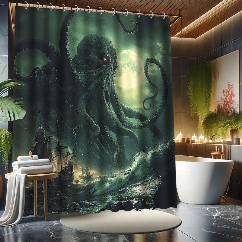 Set Tenda da Doccia Cthulhu - Orrore degli Abissi, Serie Leggende Oceaniche, Include 12 Ganci, Tessuto in Poliestere, Decorazione Moderna per Bagno