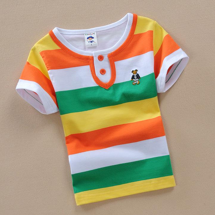 Summer Short Sleeve T-Shirts for Boys and Girls Notice Striped Round Neck Pure Cotton Striped