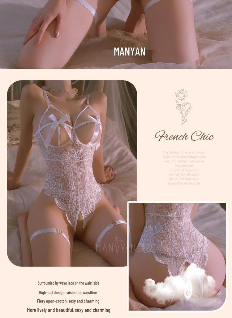Man Yan Sensual Lace Crotchless Bodysuit with Bowknot - Women's Sexy See-through Cutout Lingerie