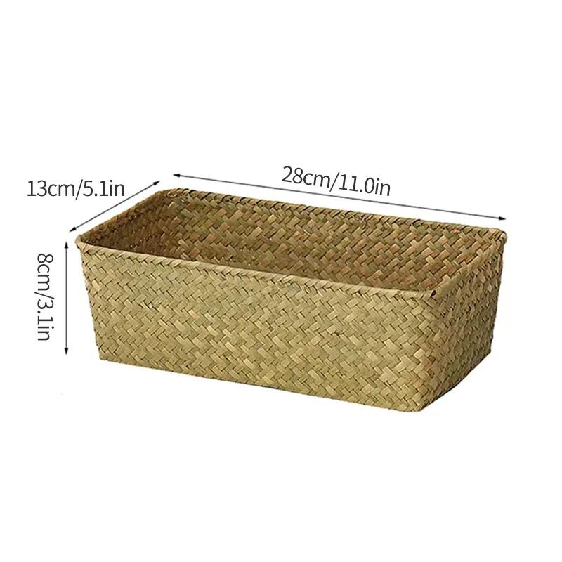 Handmade Woven Seagrass Storage Basket Desktop Straw Rattan Organzier Picnic Storage Box Desk Cosmetic Fruit Sundries Container