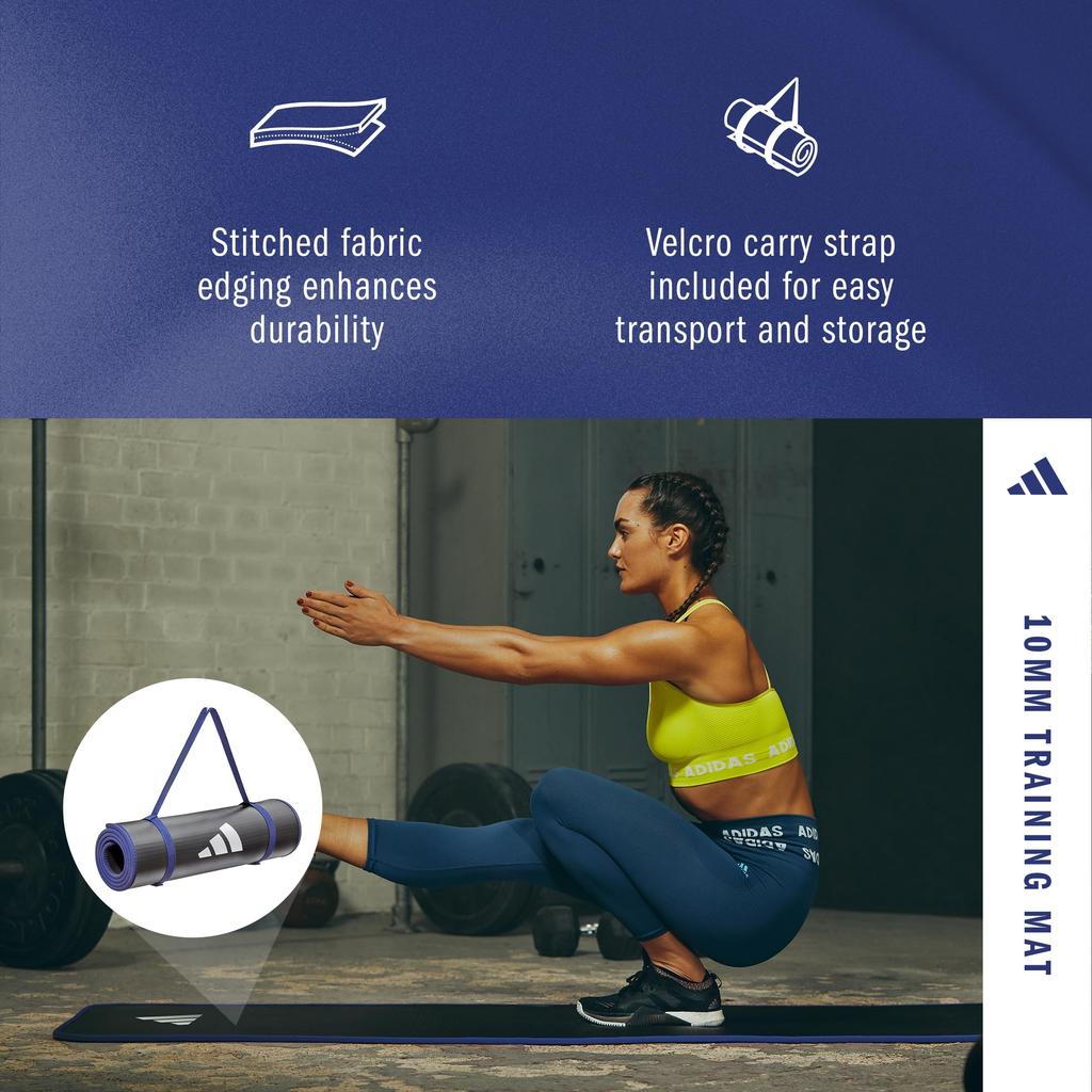 adidas Training 10mm with Carry Mat/Yoga Mat, Thick, Wide, Durable, Non-Slip, Strap, ADMT-12235BL, Black/Blue