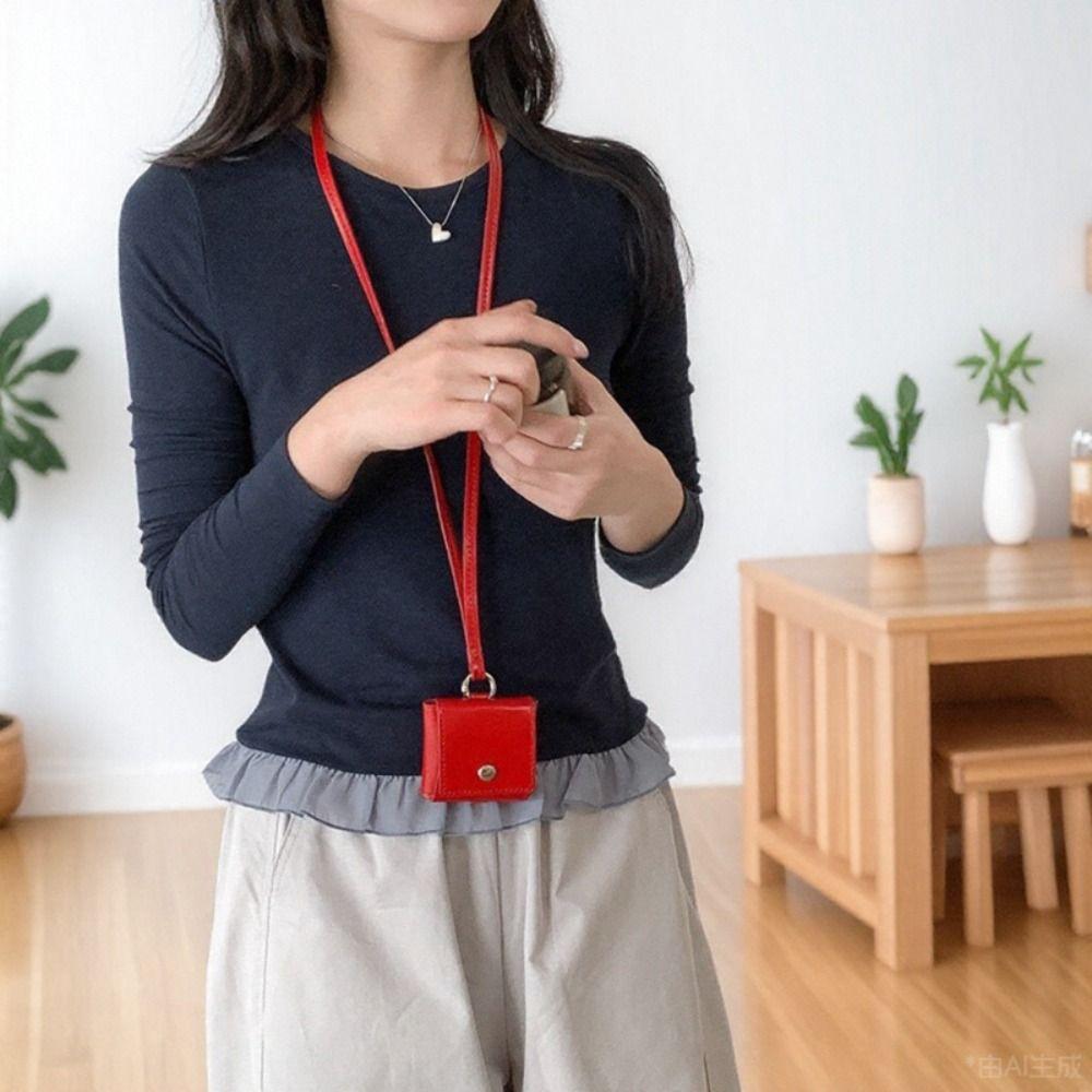 Portable Hanging Neck Headphone Bag PU Leather Small Coin Purse Lanyard Lipstick Bag Party