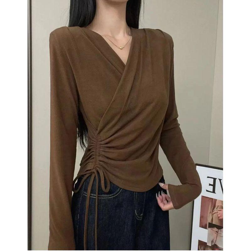 

Plus Size Autumn 2025 V-Neck Cross Design Long Sleeve Slimming Women s Top Medium кавовий