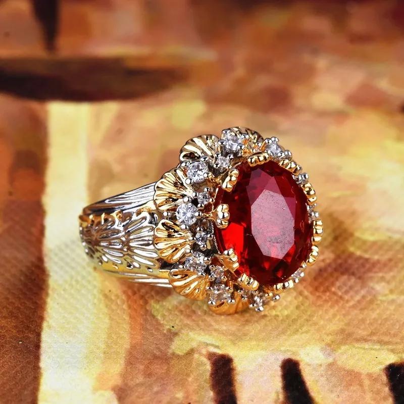 Retro Silver 925 Inlaid with Gold Ruby Ring, Suitable for Women's Palace Style Dual Color Crown Sunflower Ring Party Gift 2025