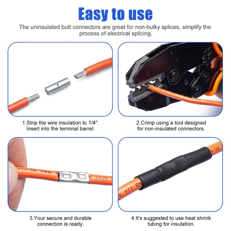 200 STK Uisolert Butt Wire Connector Ferrules Elektrisk kabelterminal Kobber Bar Tinned Crimp Terminal 0,5-6mm2 22-10AWG