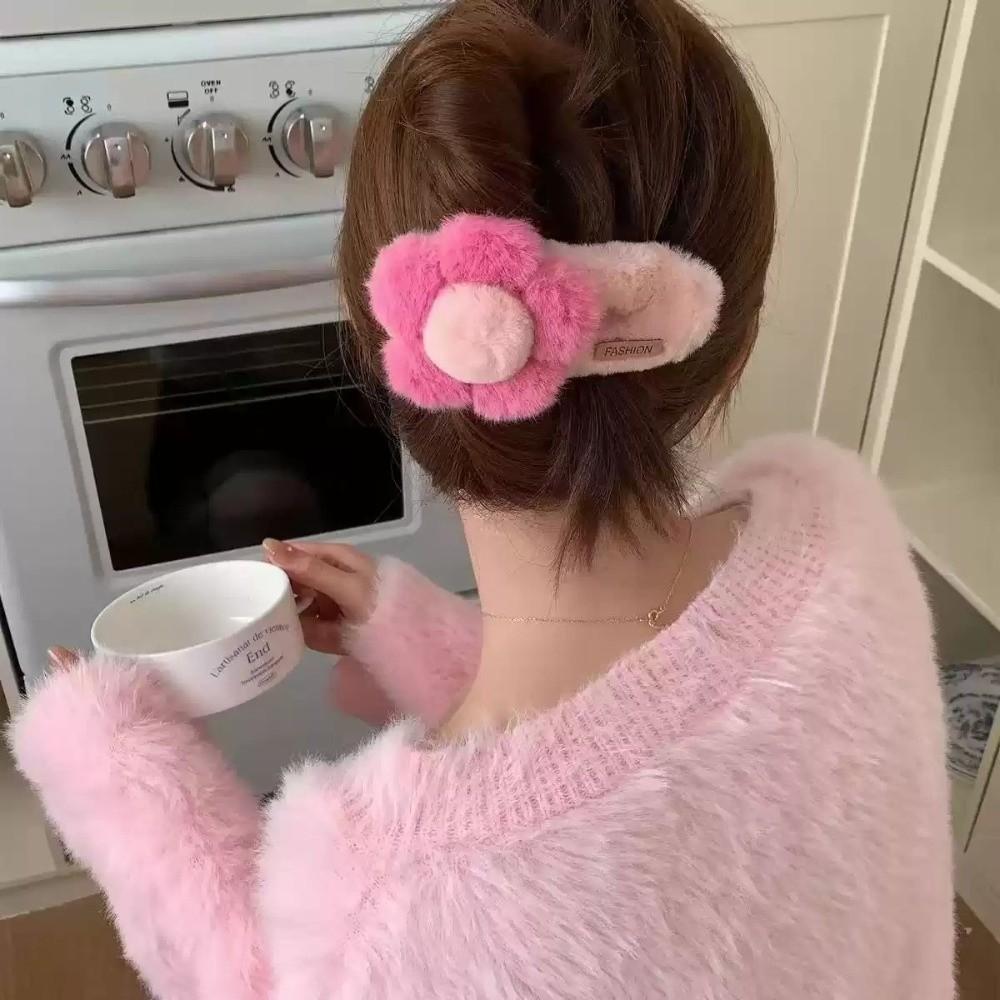 Fashion Plush Flower Hair Clip Sweet Duckbill Clip Headwear Accessories  Back Head