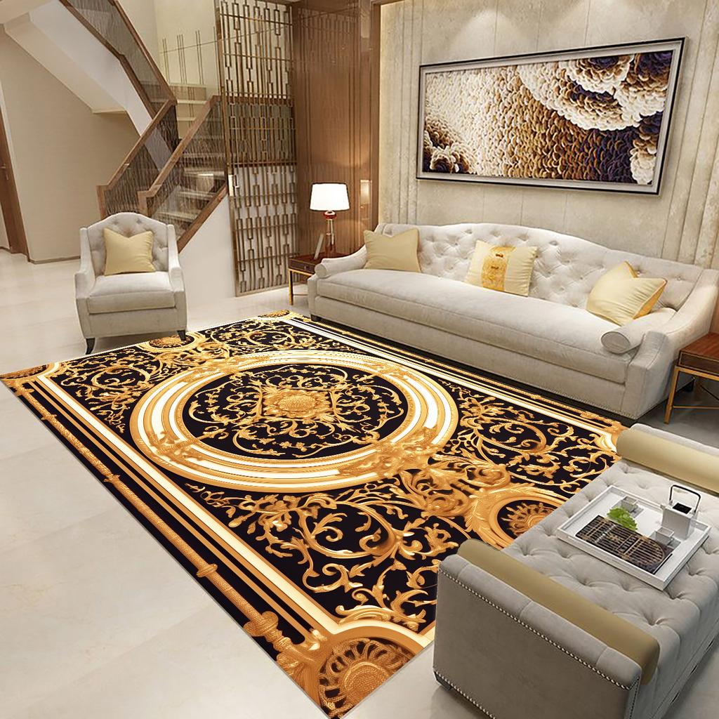 Goldener Schwarzer Teppich für Wohnzimmer Luxus Große Fläche Dekoration Bodenmatte Moderne Teppiche Rutschfest Weich Waschbar Schlafzimmer Lounge Teppich