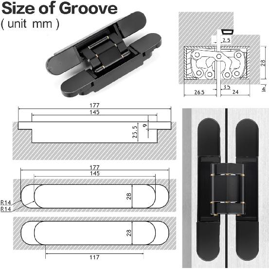 6 inch Hidden Door Hinges (2Pcs) Invisible Hinges for Doors, 180 Degree Swing Concealed Hinges, 3 Way Adjustable & Heavy Duty Hinges(Black)