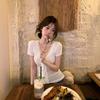 [Tencel Thread] Pure Desire Strap V-neck Lace Splicing Short-sleeved T-shirt Women's Summer Slim and Thin Versatile Top
