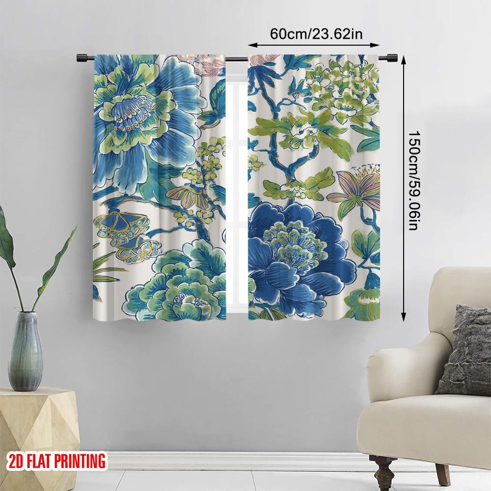 2pcs,2D plane printing Curtains Blue-Green Floral Symphony Versatile Fabric (without rod) Home Decor Ldeal for Kitchen Living