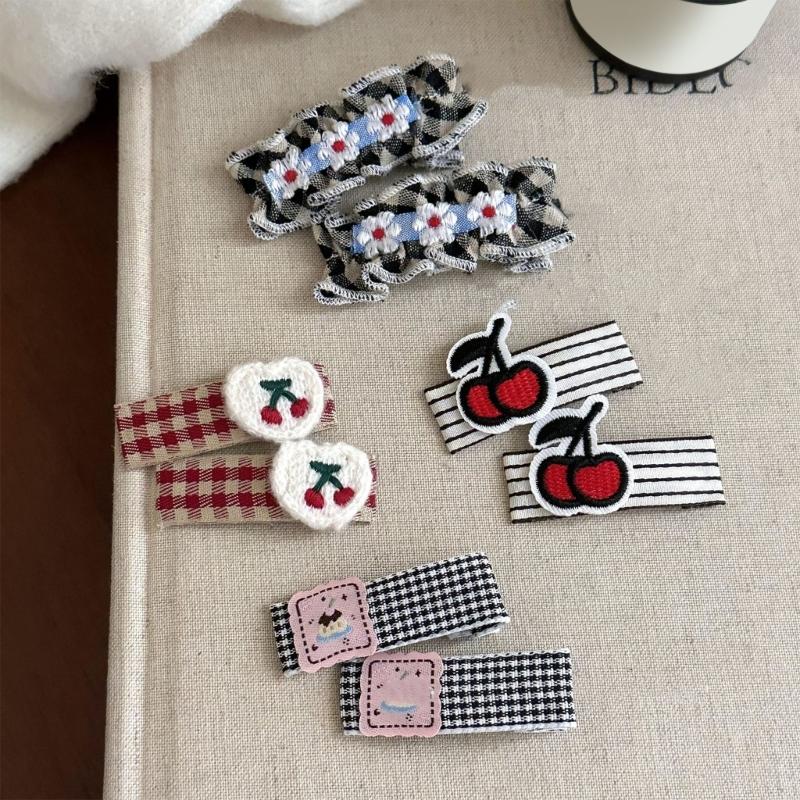 1pair Vintage Check Pattern Hairpin Flower Embroidery Fabric Kid Hair Clip for Children's Parties