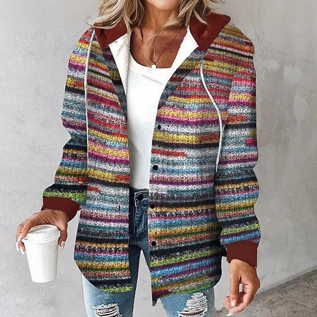 Women's Casual And Fashionable Large Plaid Pattern Patchwork Hooded Button Jacket