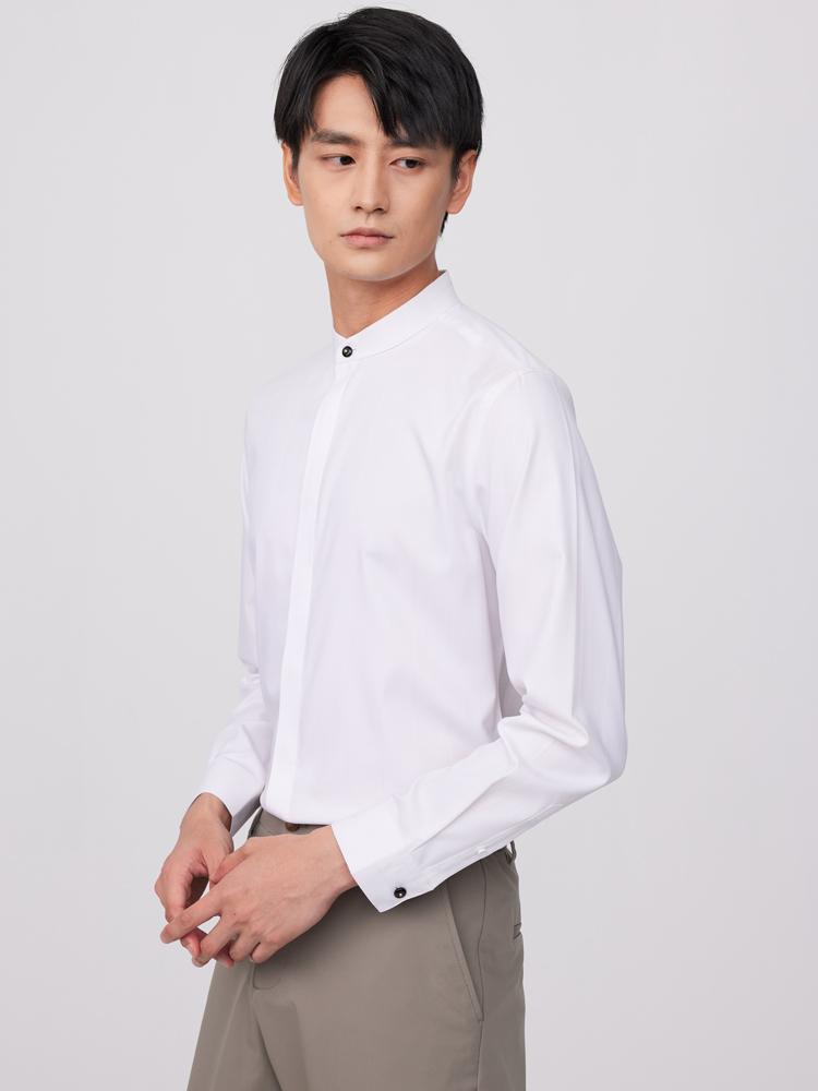 Men's Front Hidden Button Solid Simple Dress Shirt Without Pocket, Casual Breathable Stand Collar Button Up Long Sleeve Shirts For Business Activities