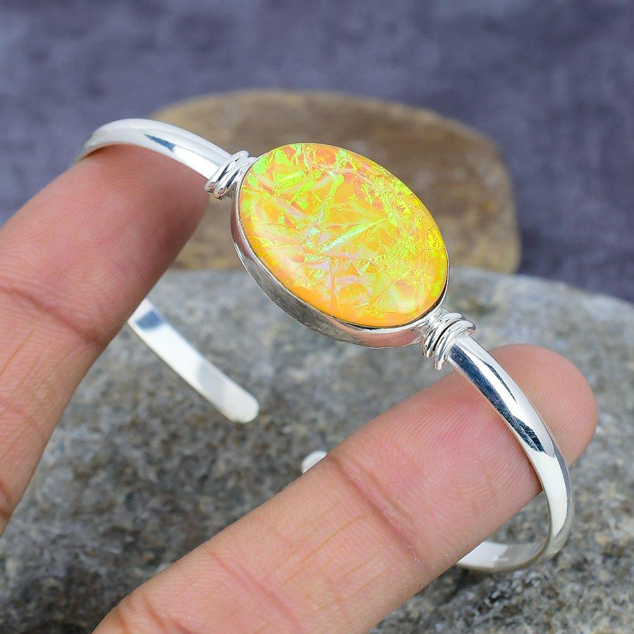 

Желтый тройной опаловый драгоценный камень ручной работы стерлингового серебра 925 пробы браслет / манжета регулируемый свадебный подарок