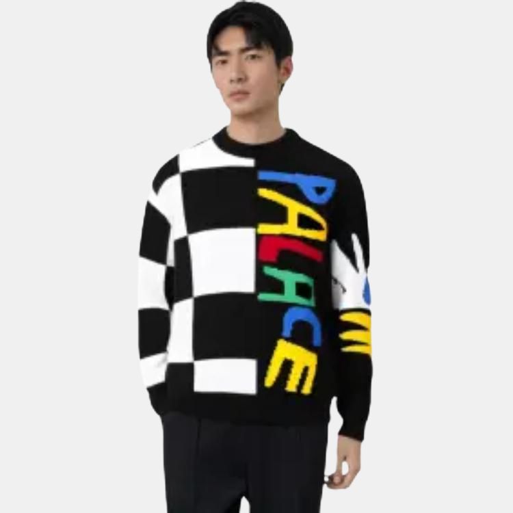Palace X Jcc+ Collaboration Ss25 Drop8 Black And White Plaid Letter Pattern Printed Ribbed Edge Knit Crewneck Loose Sweater Unisex sweater P28JCCKW001
